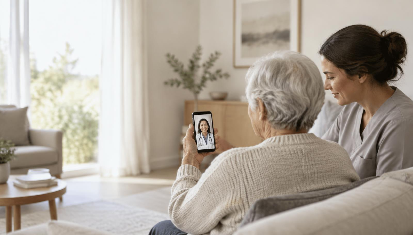 A patient and a caregiver at home on a video call with their clinician
